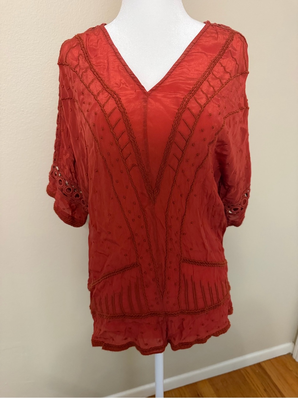 Sundance Rust-Red Embroidered V-Neck Tunic